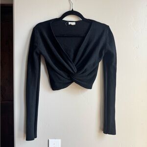 Chic Black Twist Front Cropped Knit Sweater | Long Sleeve M/L Y2K Minimalist